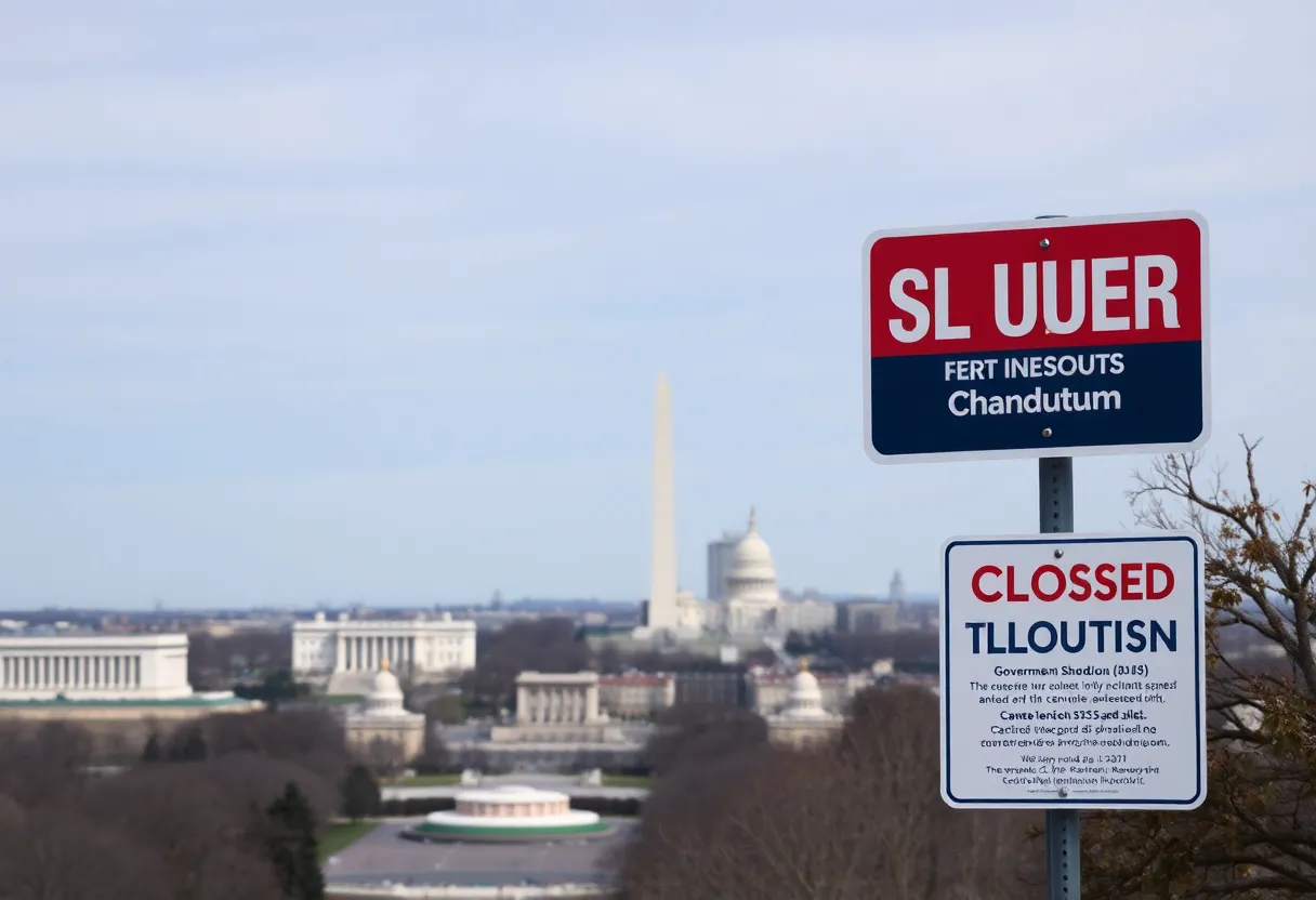 A skyline view of Washington D.C. with closed signs indicating government shutdown effects.