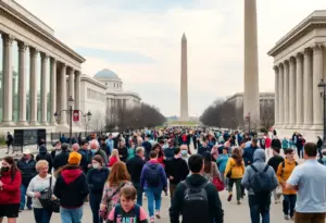 Tourists visiting Washington D.C. landmarks like the National Gallery and the Washington Monument.