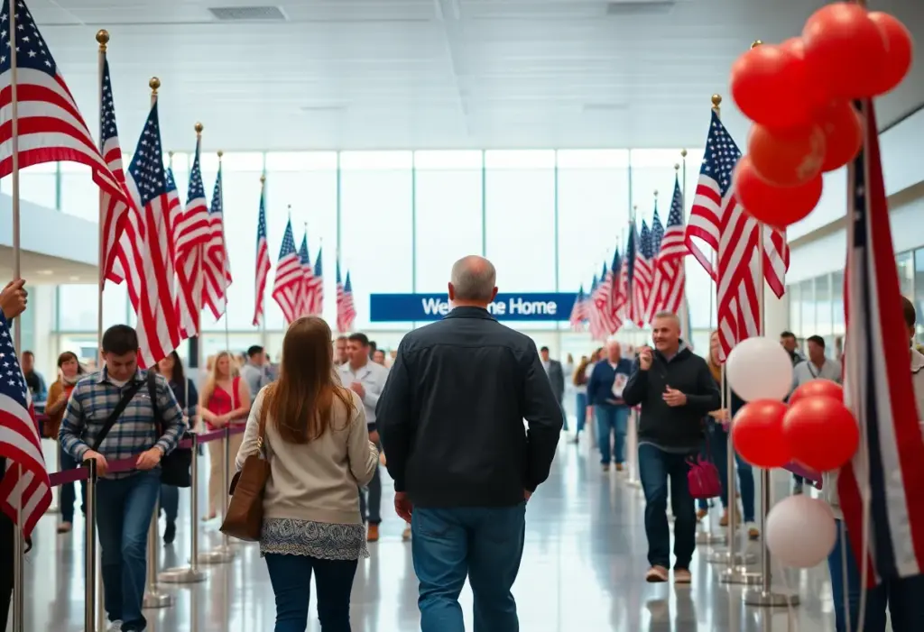 Veterans celebrating their return with family and friends at Tulsa airport.