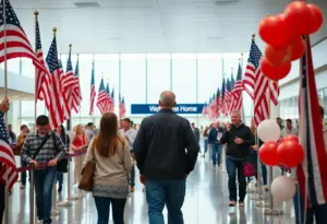 Veterans celebrating their return with family and friends at Tulsa airport.