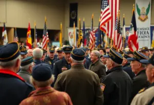 Veterans at a send-off event with flags and banners