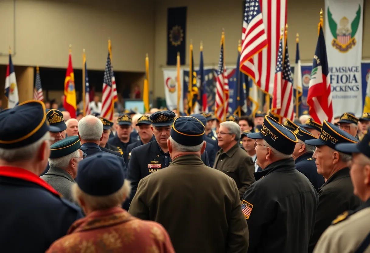 Veterans at a send-off event with flags and banners