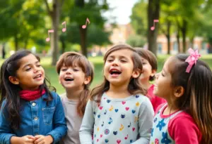 A group of young children singing joyfully in a park environment, surrounded by nature.