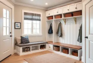 A well-designed mudroom with storage, seating, and good lighting.