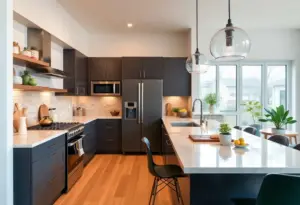 A modern kitchen featuring smart appliances and an open layout.