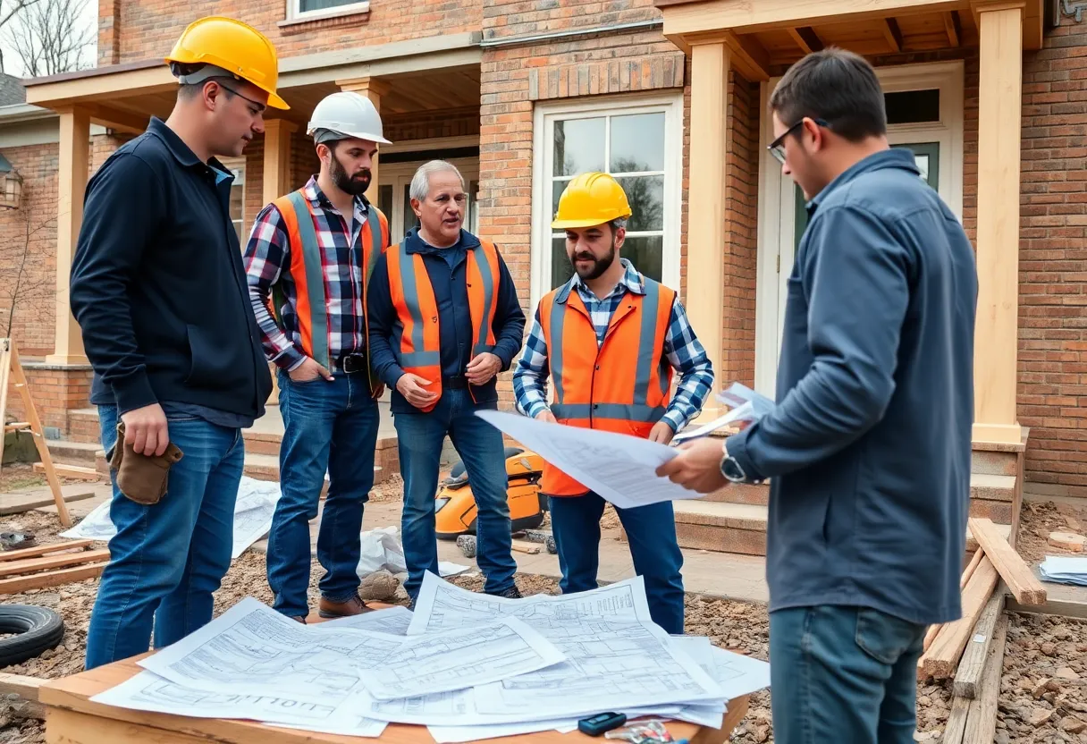 Construction workers reviewing plans for home renovations in Washington DC.