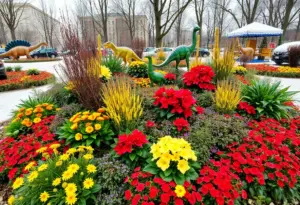 Holiday garden display featuring dinosaur-themed decorations in Washington DC.