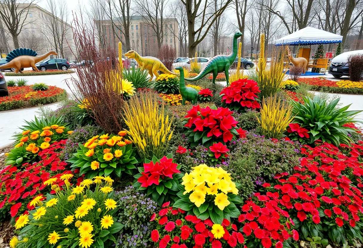Holiday garden display featuring dinosaur-themed decorations in Washington DC.