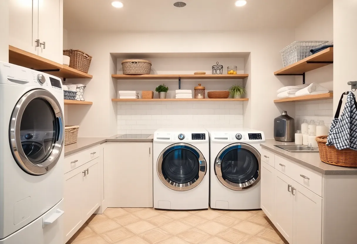 A modern laundry room with organized storage and smart appliances.