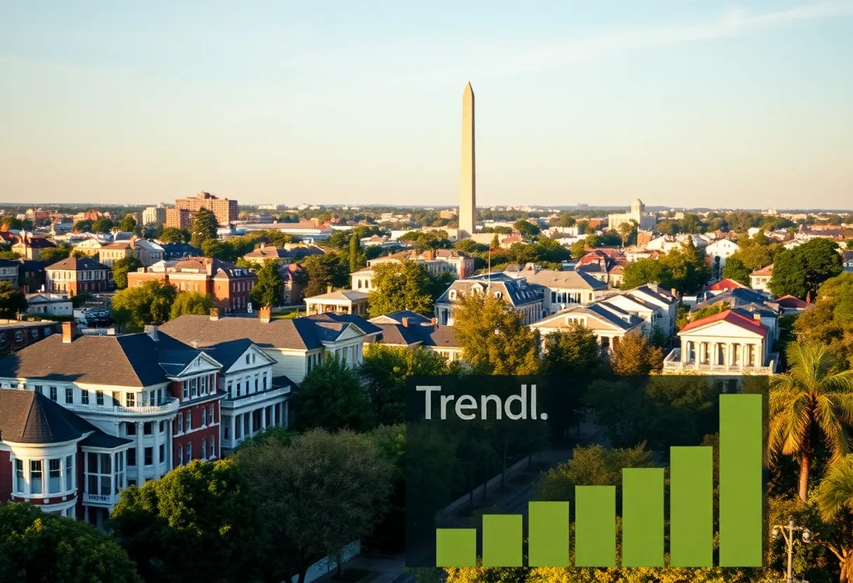 An aerial view of Washington DC highlighting homes with market trend indicators