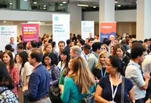 Diverse participants engaging in discussions at a health conference.