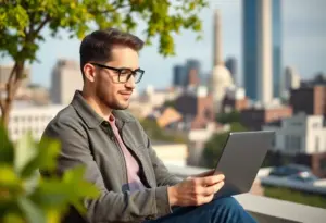 Illustration of a first-time homebuyer in Washington DC exploring neighborhood reviews online.