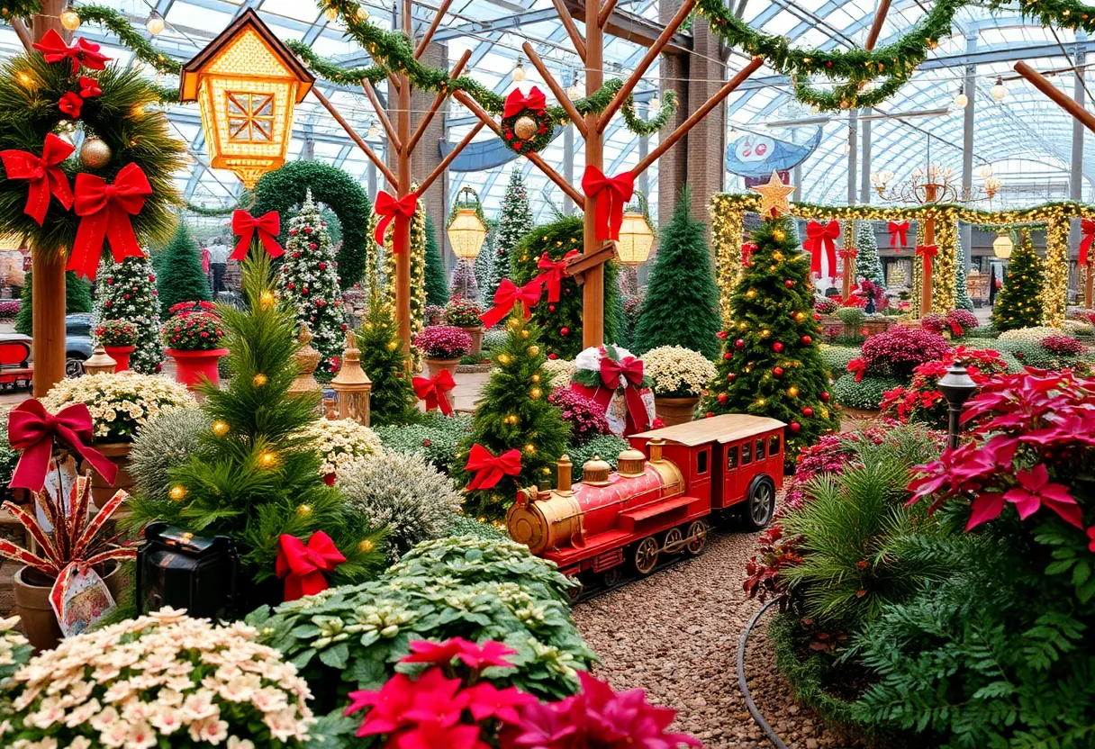 A winter garden exhibit showcasing seasonal plants and decorations