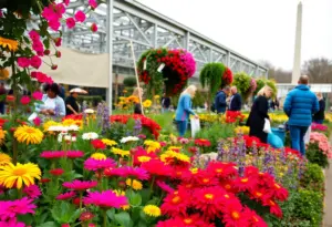 A lush garden during February showcasing various plants and garden activities.