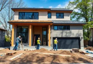 Construction workers on a residential building site in Washington DC.