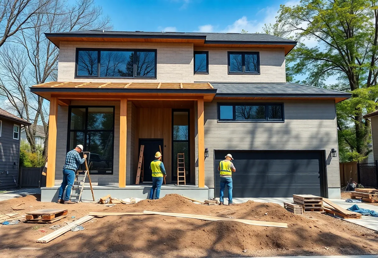 Construction workers on a residential building site in Washington DC.