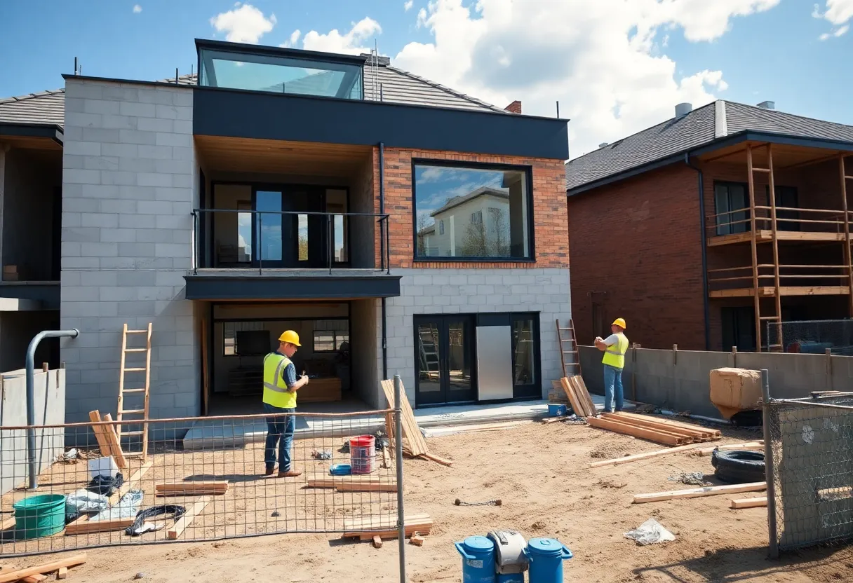 Builders working on a residential home construction site in Washington DC.