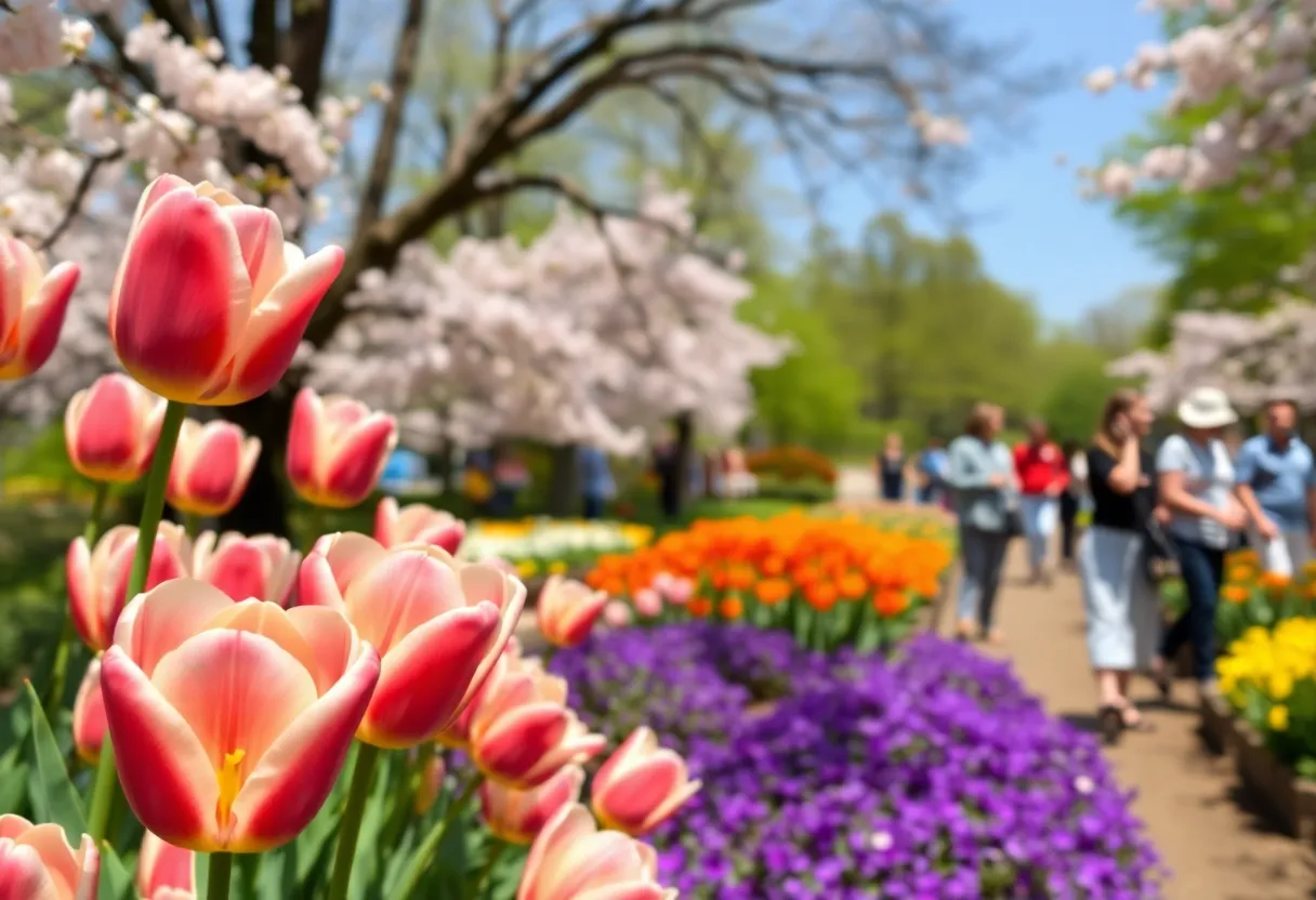 Colorful tulips and cherry blossoms in a garden event at Washington, DC