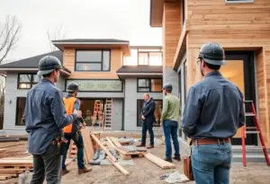 Construction site of a home in Washington DC with builders at work.