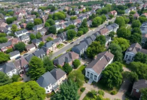 Aerial view of a Washington DC neighborhood with homes and parks