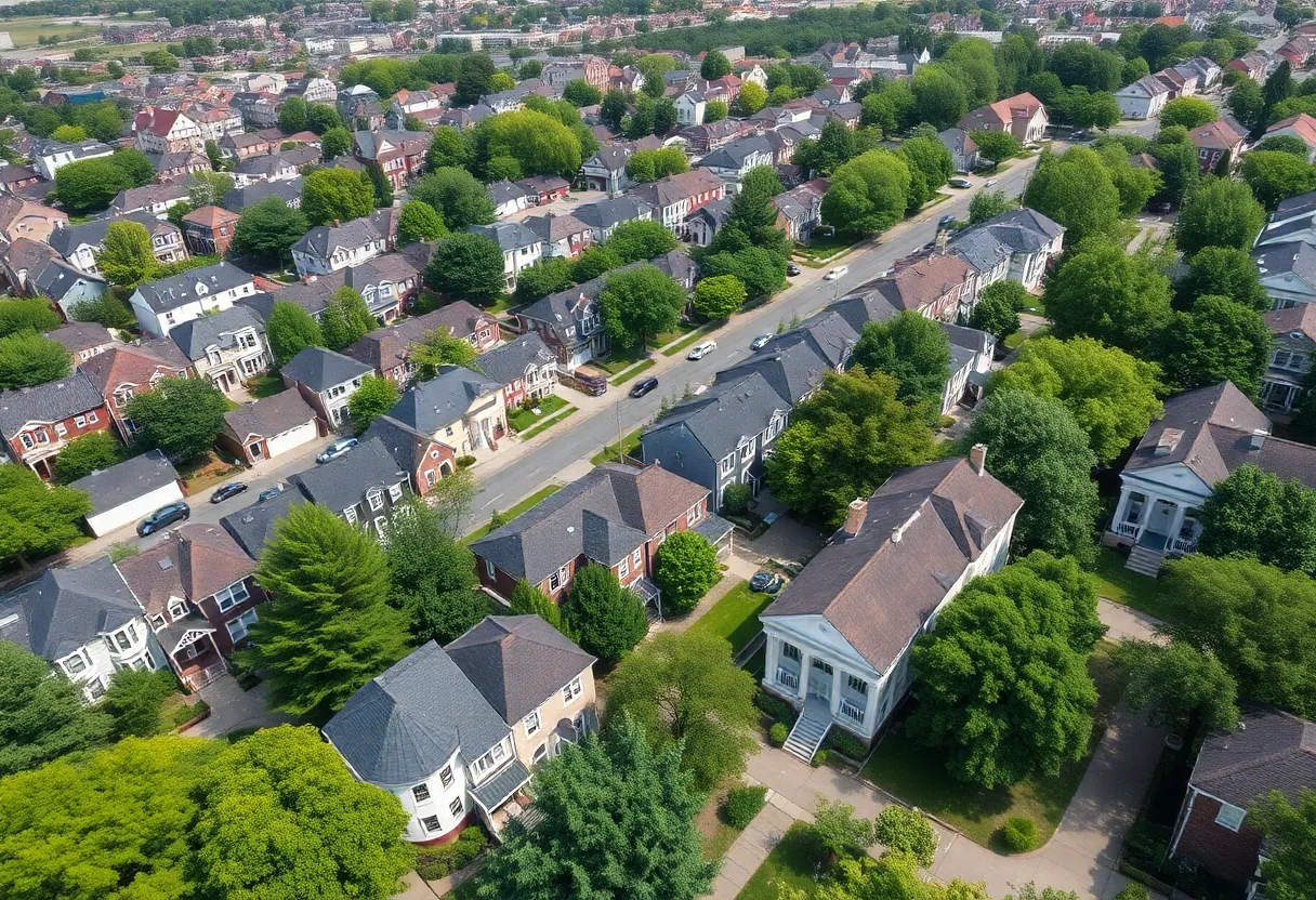 Aerial view of a Washington DC neighborhood with homes and parks