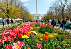 A beautiful spring garden in Washington DC filled with blooming flowers and visitors enjoying the events