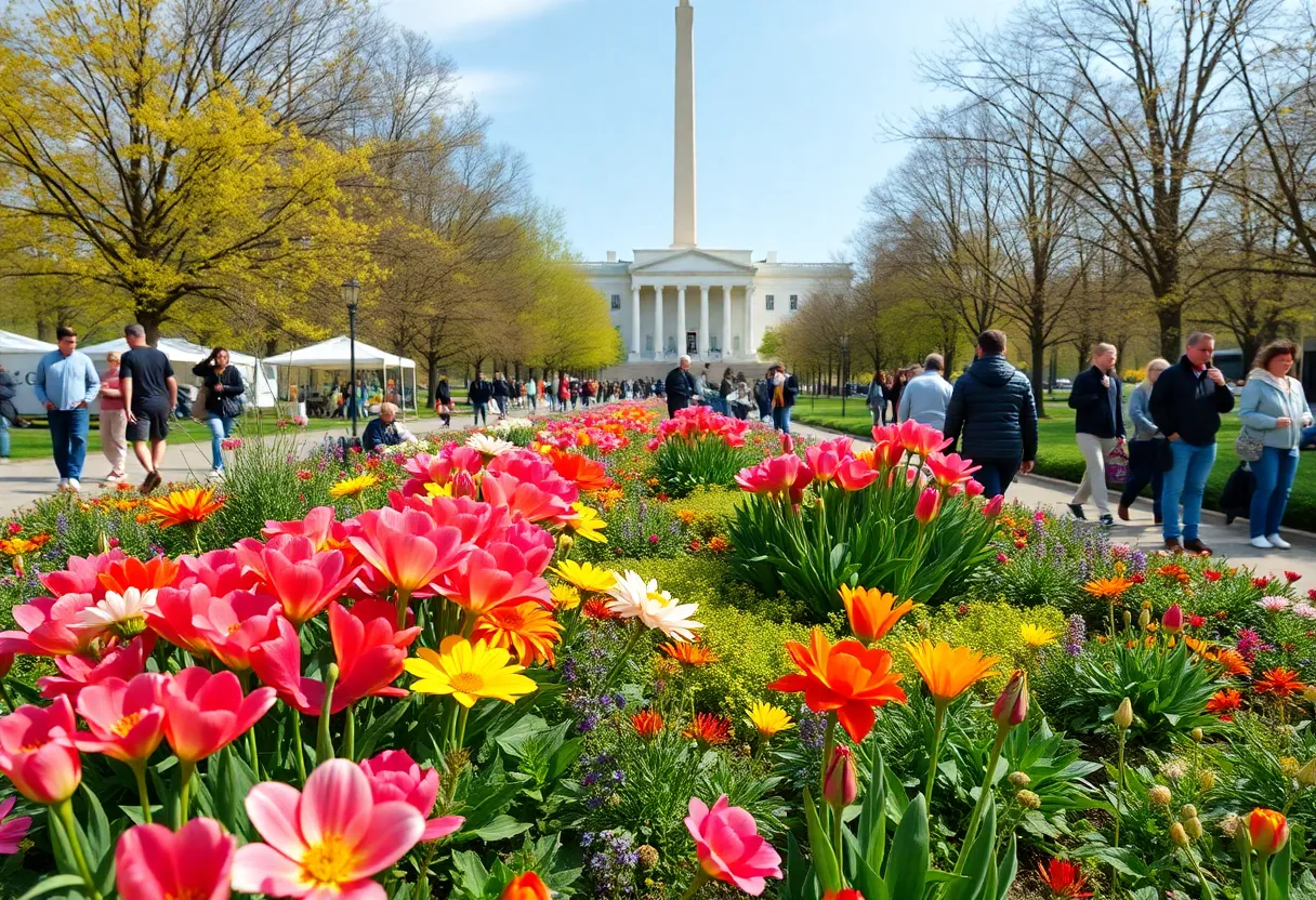 A beautiful spring garden in Washington DC filled with blooming flowers and visitors enjoying the events