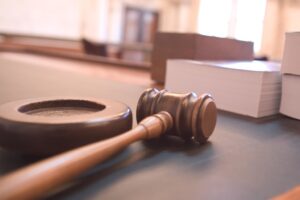 Wooden gavel in a courtroom